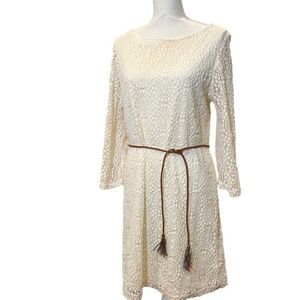 Sharagano Lacy Bell Sleeve Tassel Belted Crochet Dress Bone White Size 12